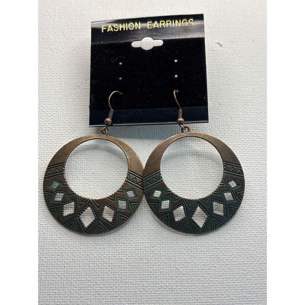 Earrings Bronze Teal Metal Fishhook Bohemian Tribal Hoop New